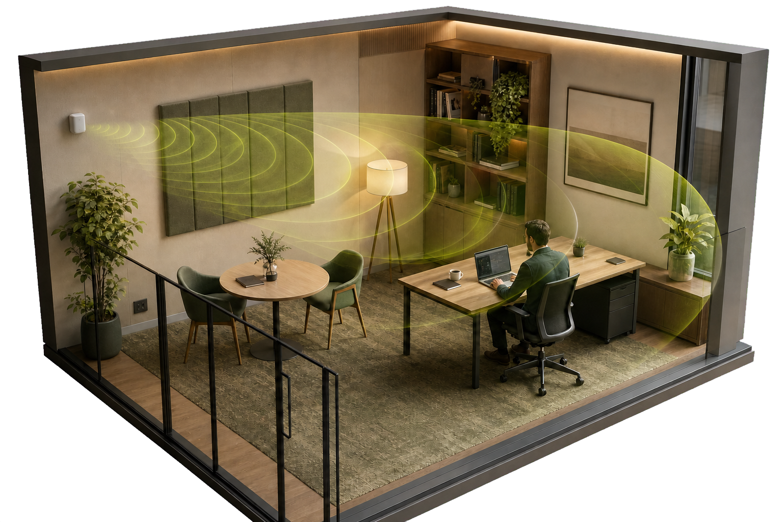 Detailed office with a wall-mounted presence sensor detecting a seated person using anonymous sensing waves
